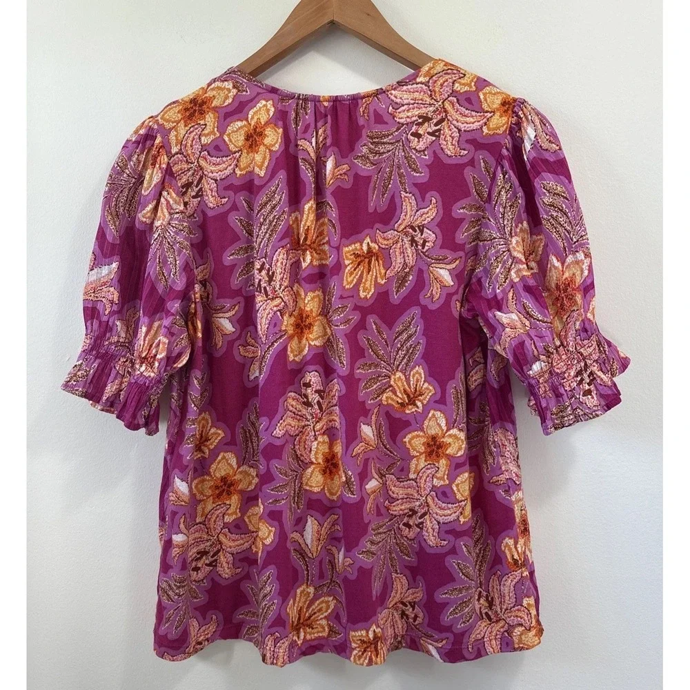 LOFT Floral Button-Front Top Womens S V-Neck Puff Sleeve Cotton